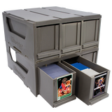 Stackable storage crates with card games inside on a white background