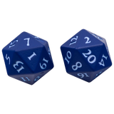 Two blue 20-sided dice with white numbering, shown on a plain white background.