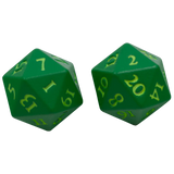 Two green 20-sided d20 polyhedral dice with light green numbers, shown on a plain white background.