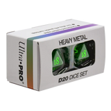 Ultra-PRO Heavy Metal D20 Dice Set in its original white packaging box, featuring two translucent green d20 dice visible through a clear window on the front.