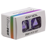 Ultra-Pro Heavy Metal D20 Dice Set in its original white packaging box, showing two purple dice visible through a clear window.