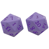 Two lavender purple 20-sided d20 dice with embossed dark purple numbers, shown on a plain white background.
