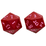 Two red 20-sided dice with pale pink numbering, shown on a plain white background.