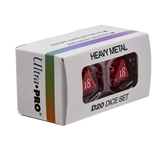 Box of Ultra Pro Heavy Metal D20 dice set on a white background