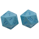 Two light blue 20-sided dice on a plain white background.