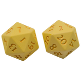 Two yellow 20-sided d20 dice with gold-colored engraved numbers, shown on a plain white background.
