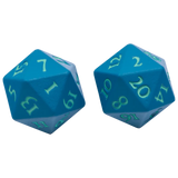 Two blue 20-sided dice with mint green numbers, shown on a plain white background.