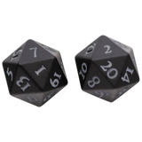 Two matte black 20-sided d20 dice with white printed numbers, shown on a plain white background.