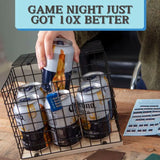 Person placing a can into a wire drink holder with text 'Game Night Just Got 10x Better' above.