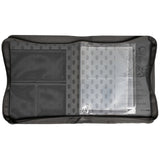 Black travel organizer with compartments and a clear window on a white background