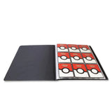 Black trading card album with red and white card holder on a white background