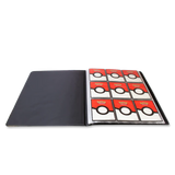 Black trading card album with red and white card sleeves on a white background