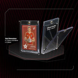 Card in a protective holder with dimensions displayed on a black background