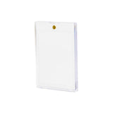 A clear plastic ID badge holder sleeve with a small gold metal loop at the top, shown on a plain white background.