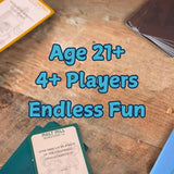 Text overlay on a wooden surface with card games, indicating age restriction and player requirements.