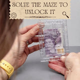 Person holding a transparent maze with a £10 banknote inside, text 'Solve the maze to unlock it' at the top.