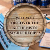 Wooden barrel with text 'Will you discover the alchemist's secret recipe?' on a table with cards.