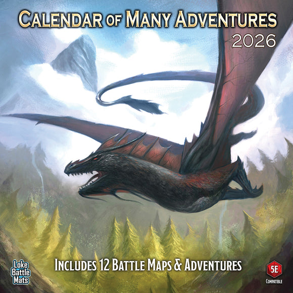 Calendar of Many Adventures 2026 cover with a dragon flying over a forest