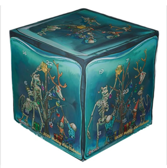 Decorative advent calendar dice cube with festive design on a white background