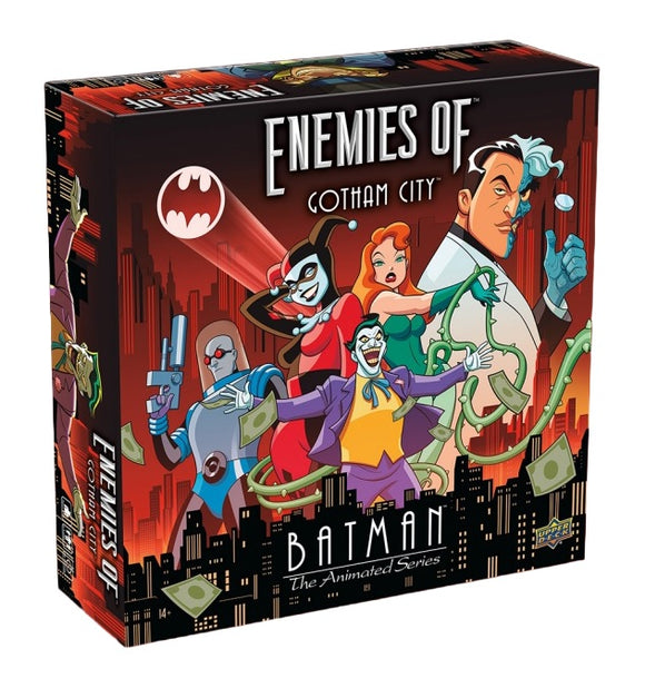 Board game box for 'Enemies of Gotham City' featuring animated characters from Batman.