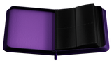 Purple and black card binder open on a white background