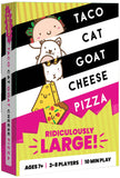 Board game box with cartoon characters and text 'Taco Cat Goat Cheese Pizza' on a colorful background