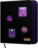 Black card binder with purple stickers featuring illustrations and text on a black background