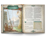 Open book with illustrations and text on a white background
