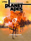 Cover of 'Planet of the Apes' role-playing game core rulebook with characters and text.