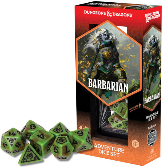 Dungeons & Dragons Barbarian Adventure Dice Set with dice and packaging on a white background