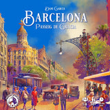 Board game box for 'Barcelona Passeig de Gracia' by Dani Garcia with colorful illustration of a street scene.