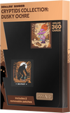 Card binder packaging with cryptid illustrations and text on a brown background