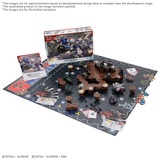 Gundam board game set with characters and components on a gray mat, featuring a box in the background.