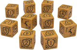 Set of brown dice with black text and symbols on a white background
