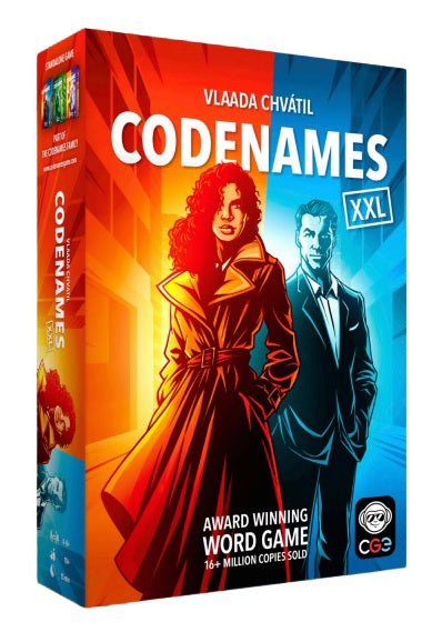 Codenames XXL game box with two characters on a colorful background