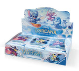 Box of Disney Lorcana trading card game cards featuring characters and 'Winterspell' theme.