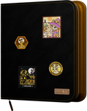 Black binder with colorful patches featuring cartoon characters on a white background