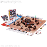 Board game setup with pieces and cards on a white background