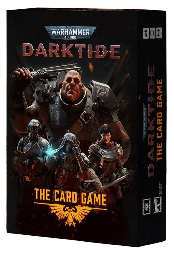 Warhammer 40,000 Darktide card game box with characters and logo.