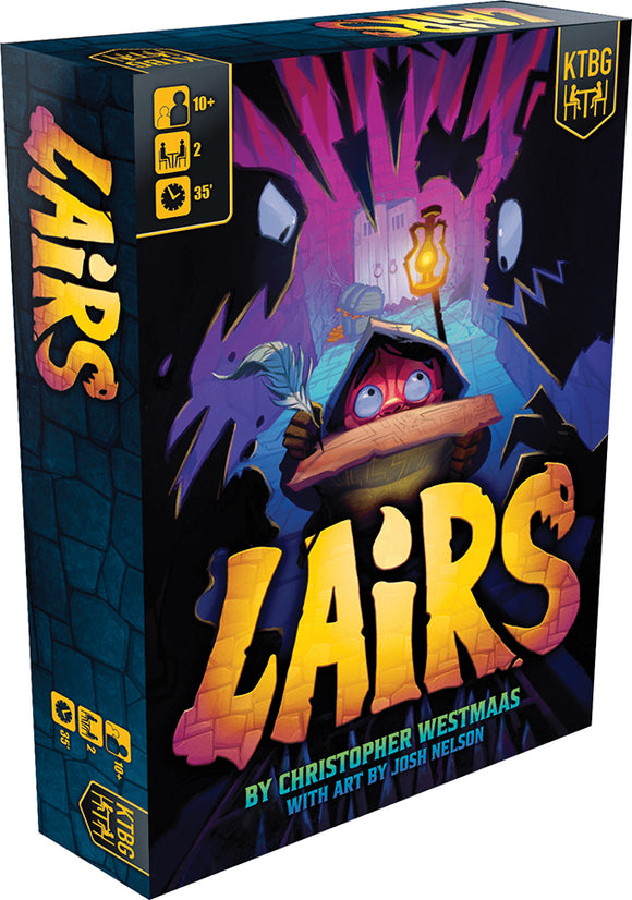 Board game box for 'Lairs' with colorful design and character illustration.