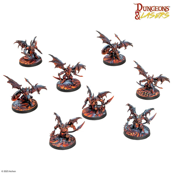 Set of dragon-like figurines on bases with 'Dungeons & Lasers' logo.