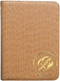 Beige fabric case with a gold emblem on a beige background