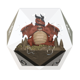 Hexagonal die with a dragon design on a white background