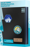 Card binder packaging with cryptid designs on a blue background