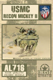 USMC Recon Mickey II model kit with soldiers on a tank, featuring the USMC logo.