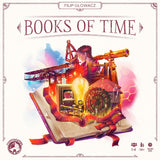 Board game box for 'Books of Time' by Filip Glowacz with a colorful illustration of a woman and mechanical elements.