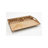 Wooden paint tray with engraved design on a white background