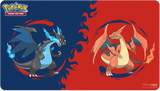 Two Pokémon, Charizard and Charizard Ultra, on a red and blue background with Ultra Pro branding.