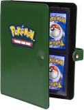 Green Pokémon trading card game binder with card pockets on a white background