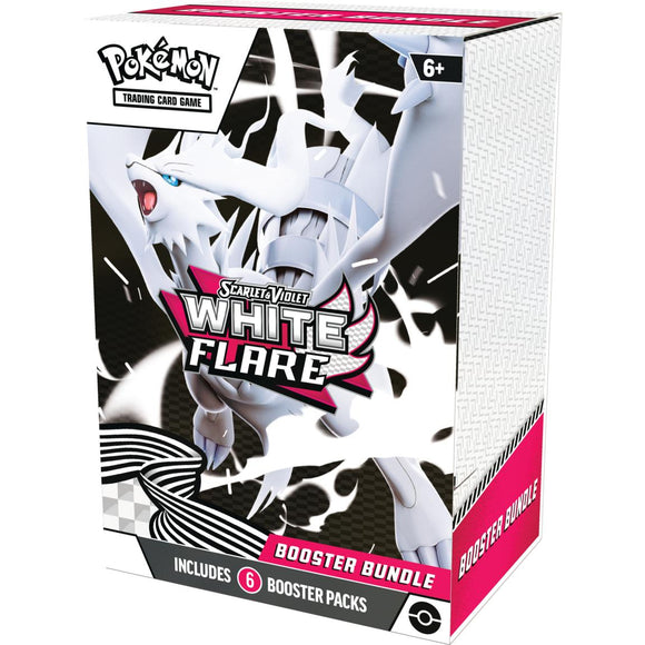 Box of Pokémon Scarlet & Violet - White Flare booster packs with Pokémon characters depicted on the packaging.